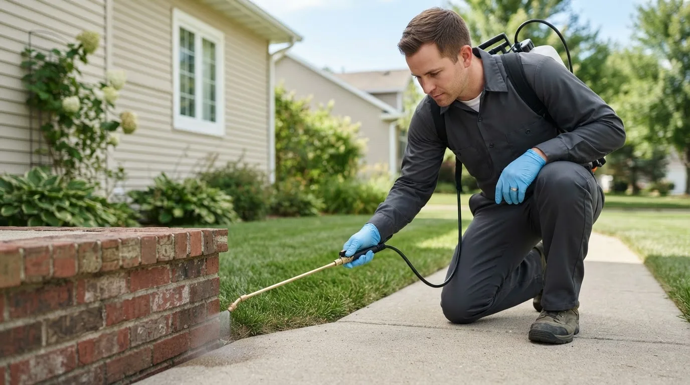 Pest control technician treating a home near Rittman, OH